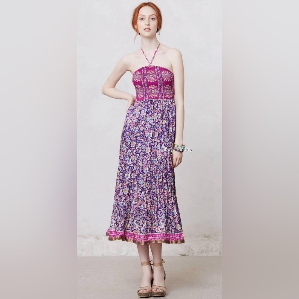 Maeve Silk Smocked Halter Daleka Day Purple Floral Dress Size Large